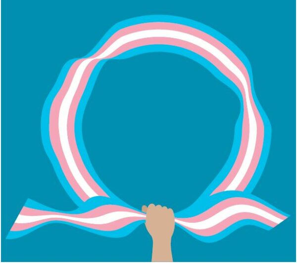 Graphic of a person holding a trans pride flag