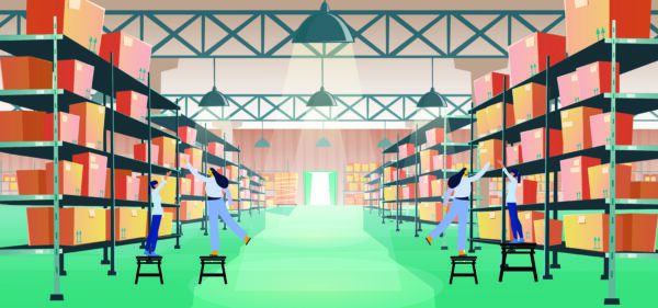 Illustration of people reaching boxes on shelves from step stools
