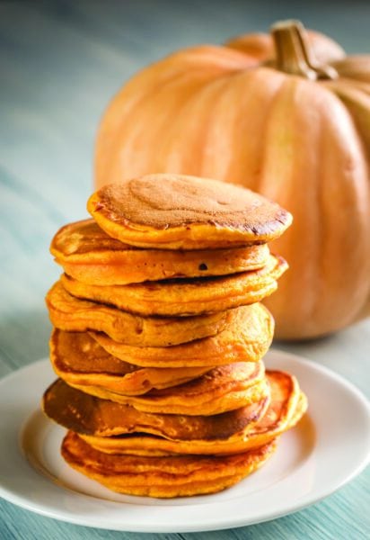 Stack of pumpkin pancakes on the plate