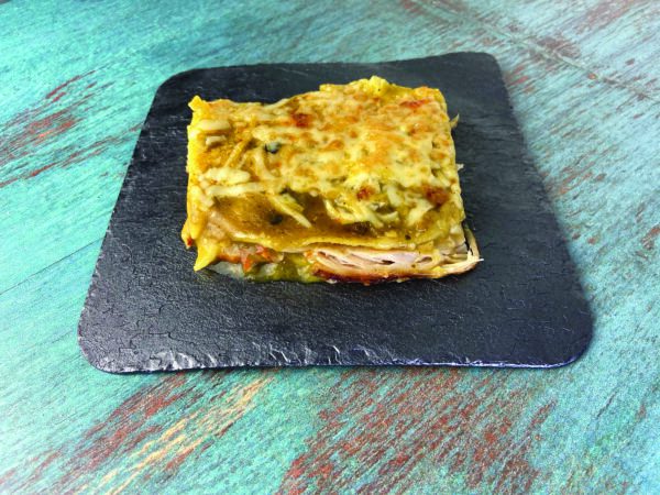 One serving of Green Chili Turkey Enchilada Bake