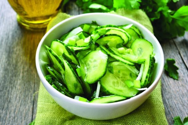 A bowl of sliced cucumbers