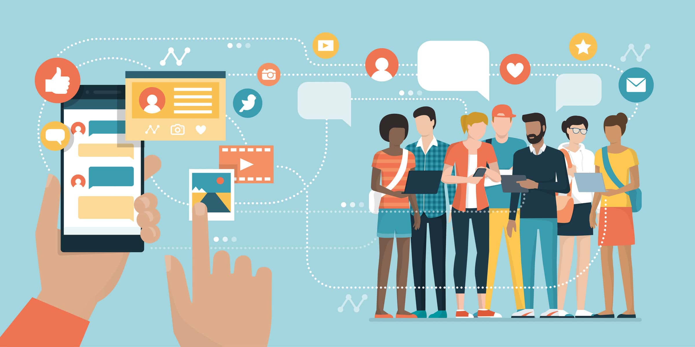 Concept of a group of people using social media and texting to communicate