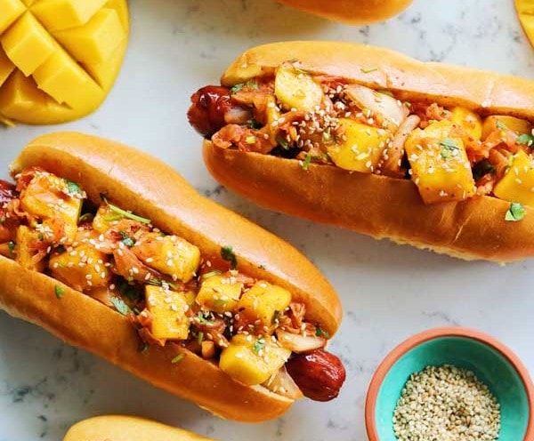 mango kimchi hotdogs