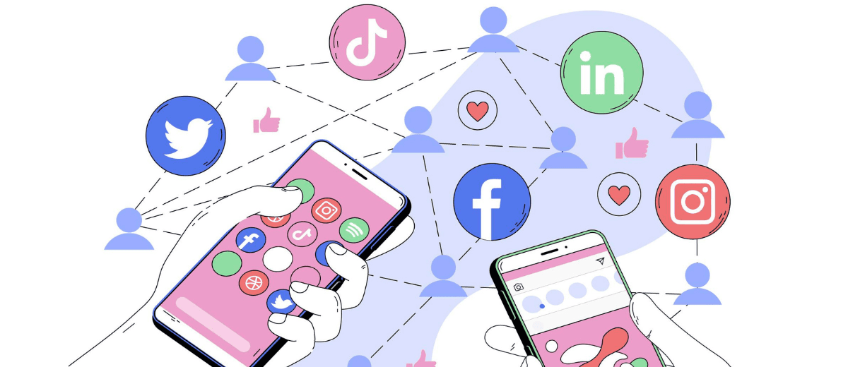 graphic of 2 phones and various social media icons