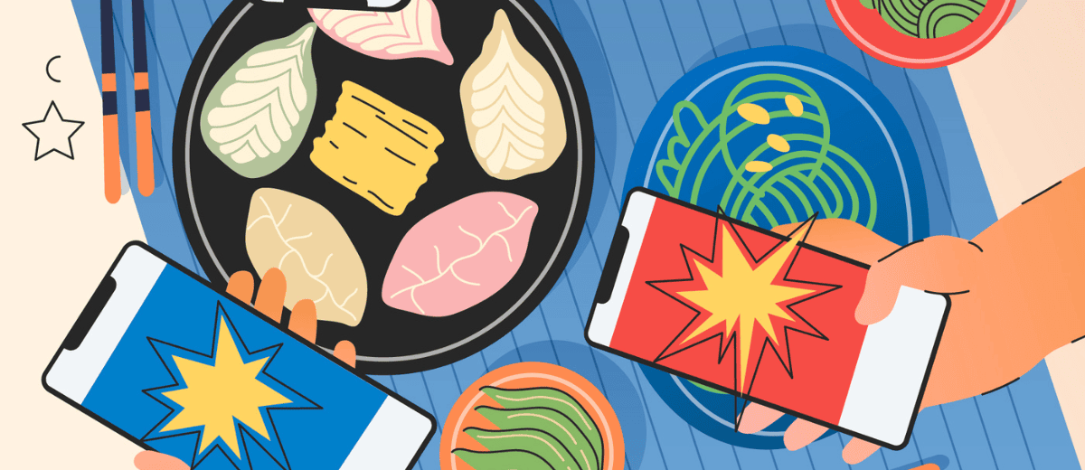 illustration of 2 cell phones taking photos of food for social media