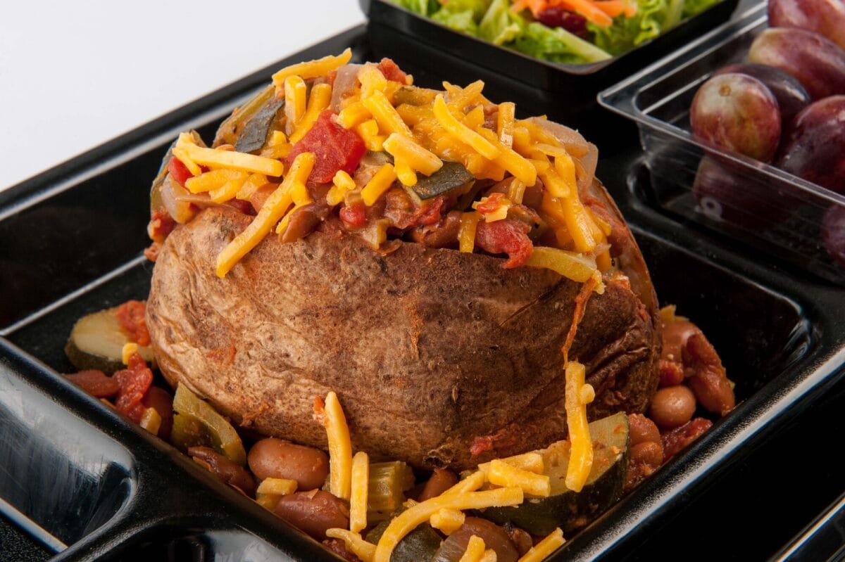 Cheesy baked potato with vegetarian chili