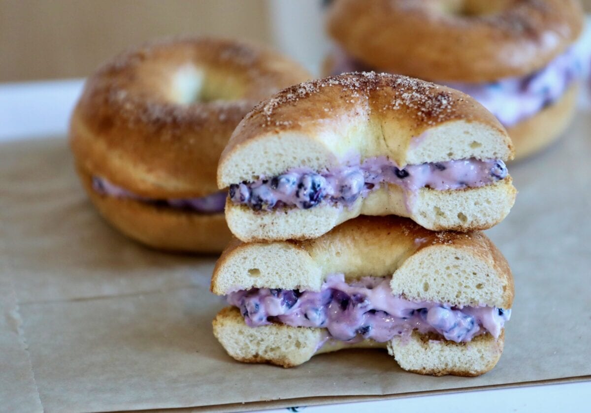 cinnamon sugar bagel with blueberries