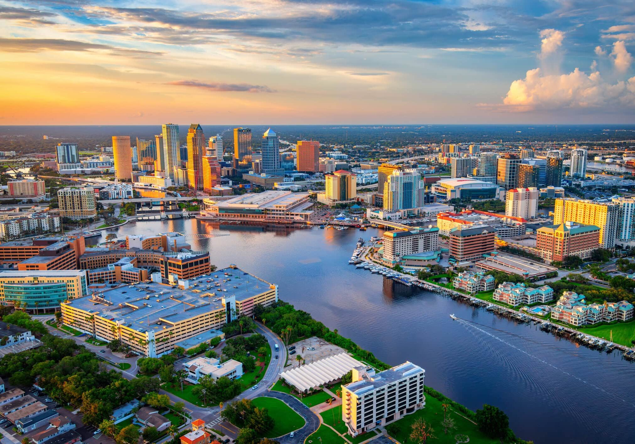 Aerial view of downtown Tampa, Florida and the surrounding neighborhoods shot via helicopter from an altitude of about 800 feet.